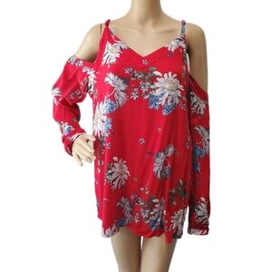 Coupe Collection Red Floral Print Cold Shoulder Long Sleeve Top Blouse Sz XL EUC